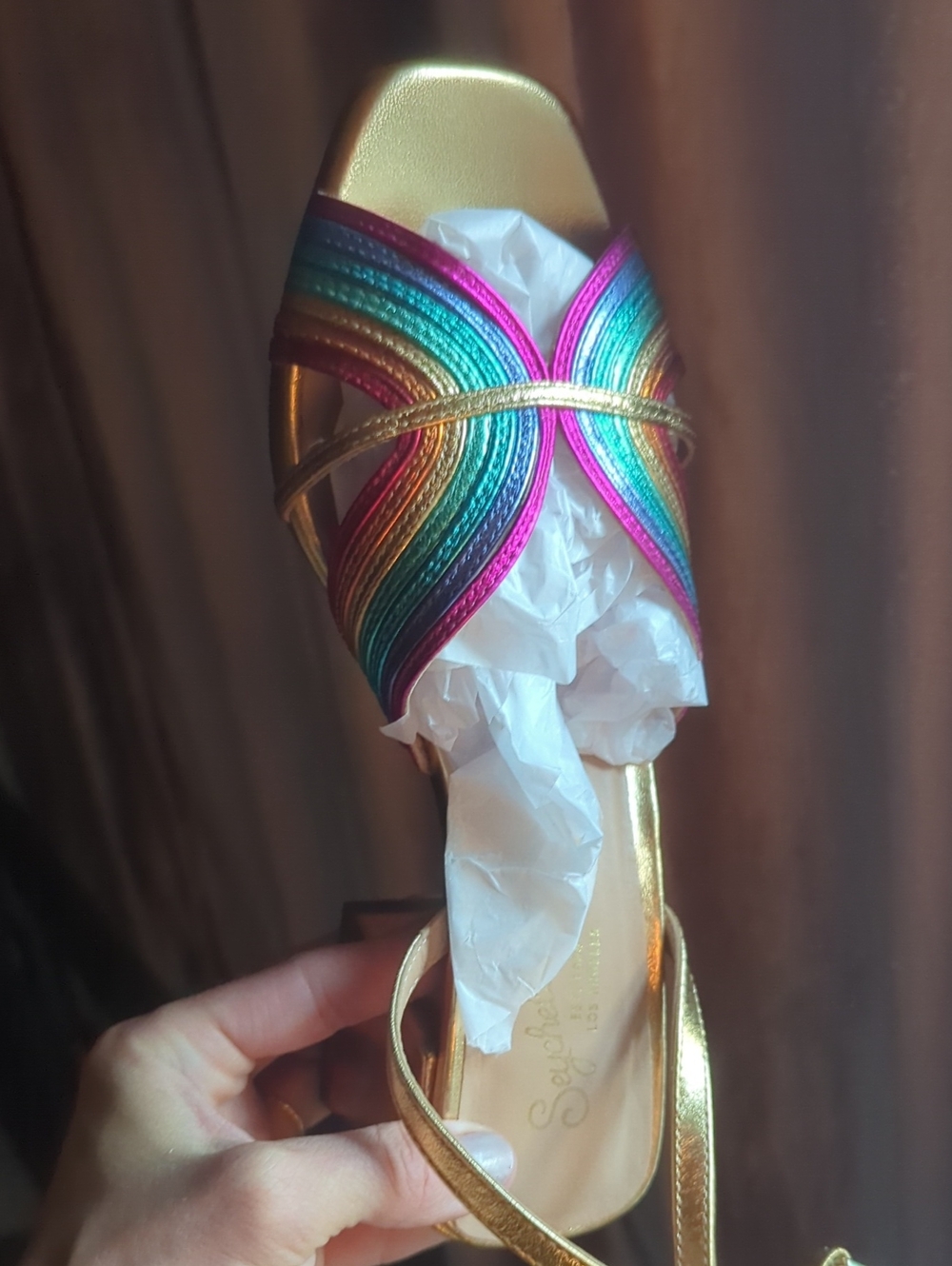 Seychelles Metallic Gold Block Heels with Rainbow Straps - happy pride day!